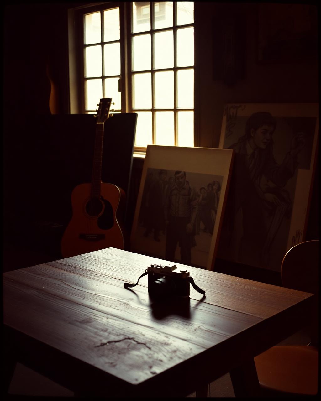 Photography studio with camera on wooden table